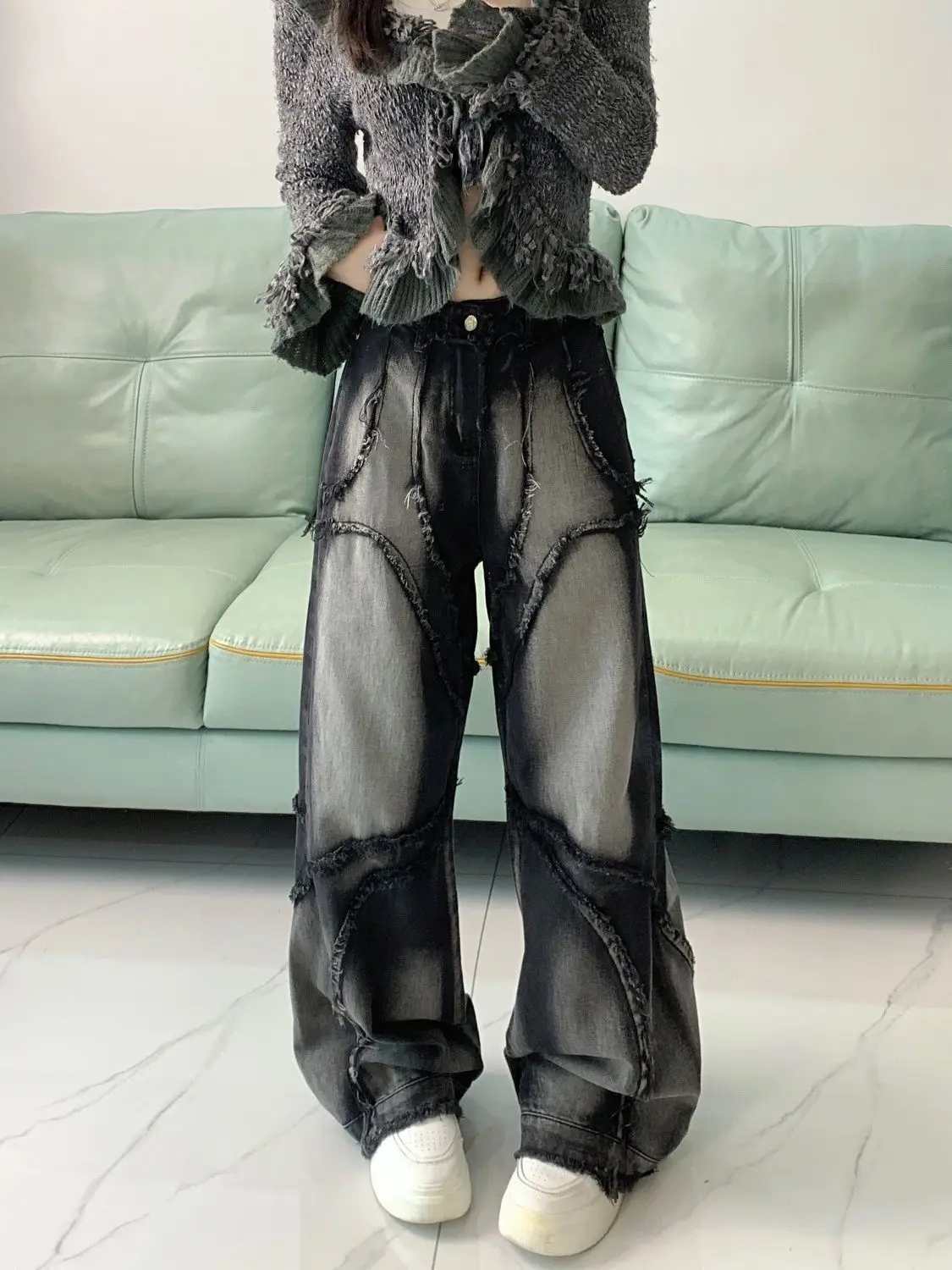 2026 American Retro Washed Straight-leg Jeans. Ladies' Four Seasons New Fashion Fringed Design Loose Casual Floor-length Jeans