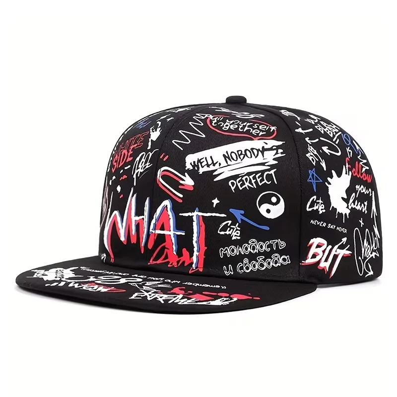 2026 New Baseball Hat WHAT Graffiti Printed Flat Edge Hat Daily Leisure Decoration Sunshade Hat Unisex Hip Hop Skateboarding Hat