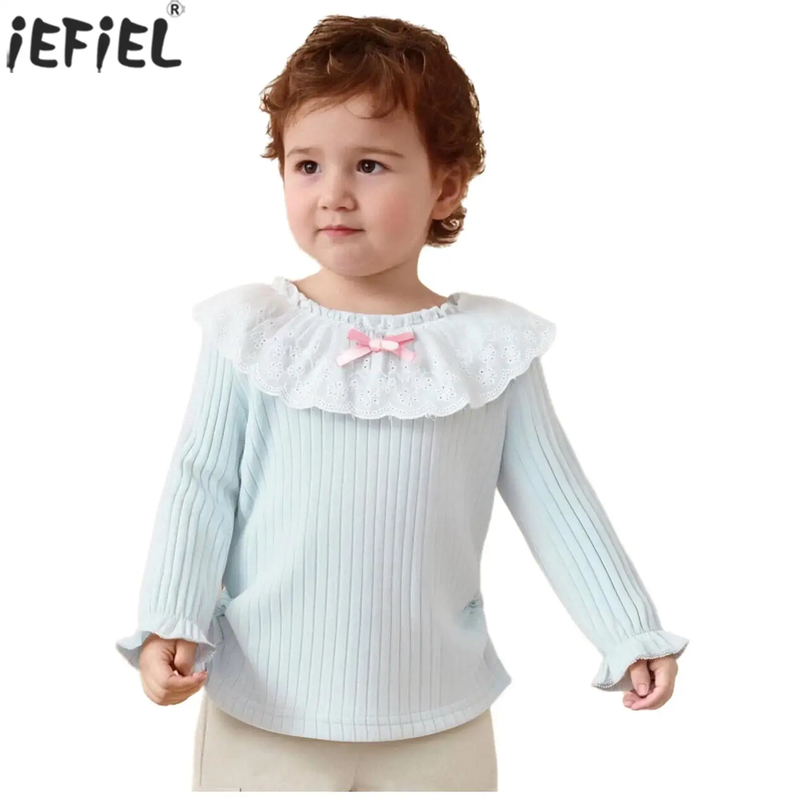 Little Girls Lace Ruffle Collar Ribbed Blouse Top Casual Solid Color Long Sleeve Ruched T-shirt Spring Fall Clothes Daily Wear