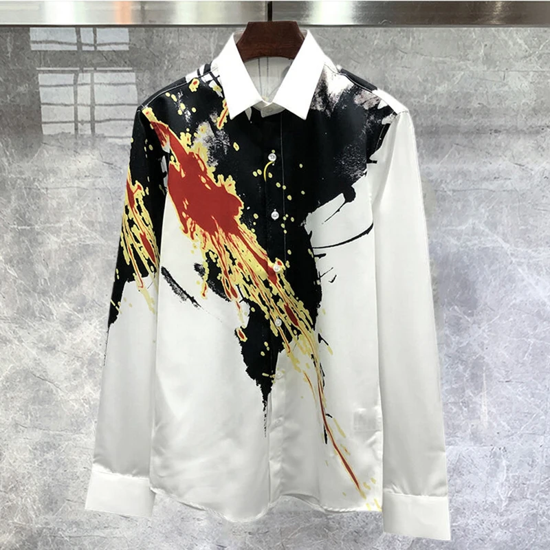 

Casual Contrasting Colors Abstract Print Shirt For Men Streetwear Spring Long Sleeve Shirt Men Camisa Hombre Social Party Shirts