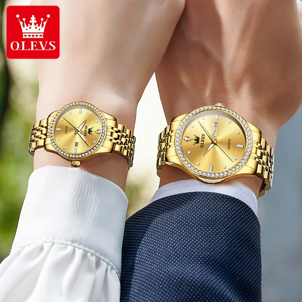 OLEVS-Reloj de acero inoxidable para parejas, accesorio de marca de lujo, resistente al agua, elegante, de cuarzo y diamante