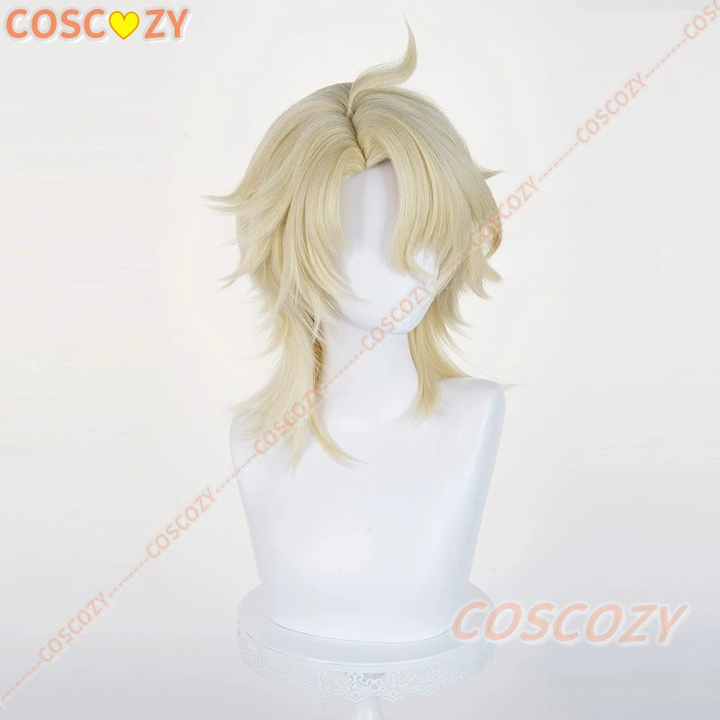 Genshin Impact Varka Cosplay Wig 35cm Blonde Hair Knights of Favonius Mondstadt Halloween Party Wigs for Women Girls Men Boys