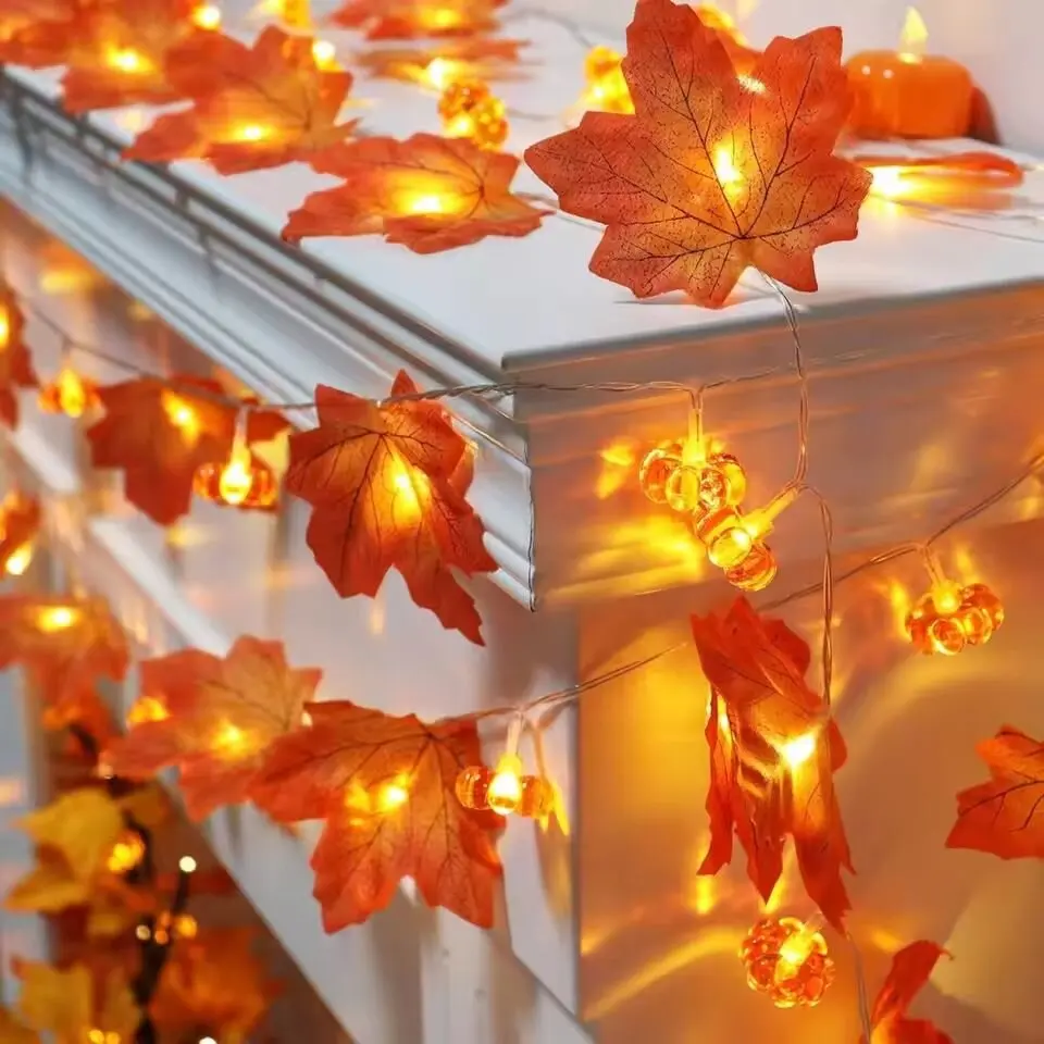 59in/118in Halloween Pumpkin Maple Leaves String Lights 10/20LED Battery Powered Fairy Lamps Home Thanksgiving Room Party Decor