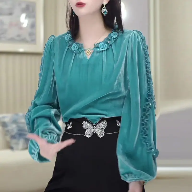 Spring Fall Women Appliques Flower Ruffles Velvet Top T Shirt , Woman Lantern Sleeve Velour Tops Shirts TT1245