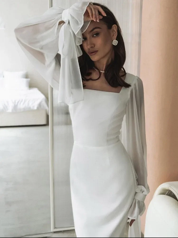 Elegant Mesh White Women Evening Dress Long Sleeve Square Collar Flare Sleeve Female Midi Robe 2024 Summer Solid Lady Dresses