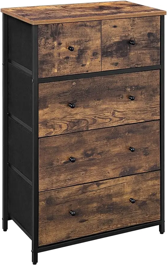 

SONGMICS Drawer Dresser, Storage Dresser Tower with 5 Fabric Drawers, Wooden Front and Top, Industrial Style Dresser