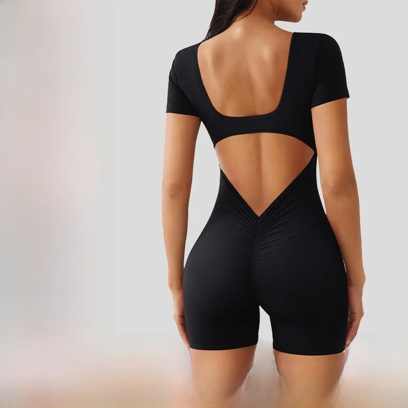 

Cross-Border Yoga Suit Short Sleeve Quick-Dry Square Collar Hollow out Fitness One-Piece Women's High Waist Nine-Piece Pants