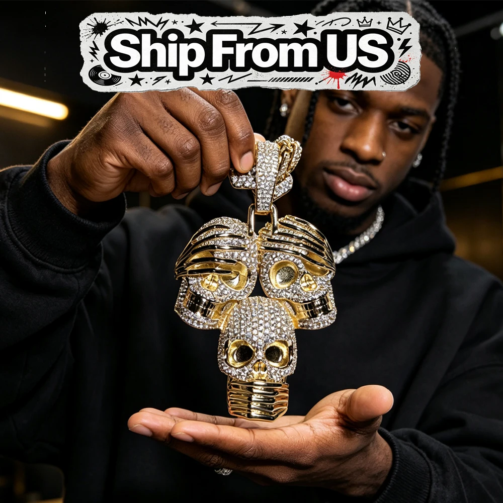 Iced Out Three Skulls Pendant Micro Pave Cubic Zirconia 18K Gold Plated Hip Hop Necklace Men Bling Zircon Skull Charm Streetwear Rapper Jewelry Shiny Icy Statement Accessory Trendy Club Fashion Wear Accessory Fine Jewelry Gifts for Rapper Men Boy Friends