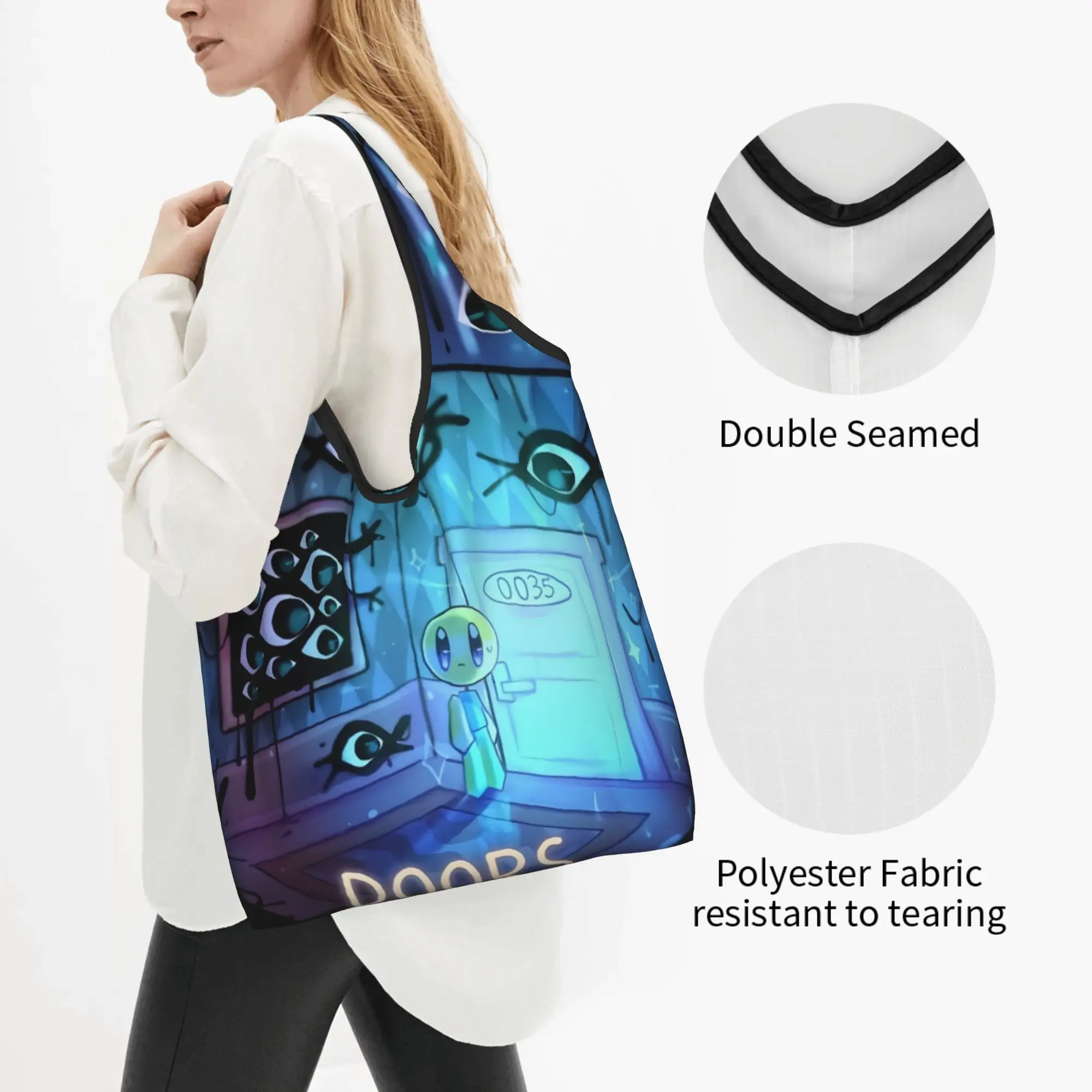 Cartoon Anime Doors Game  Grocery Shopping Bags Funny Shopper Shoulder Tote Bag Large Capacity Portable  Handbag