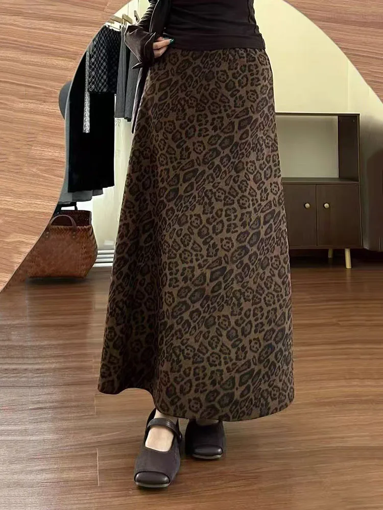 Vintage Leopard Print Midi Skirts Y2K Autumn Winter High Waist Suede A Line Skirt American Streetwear All Match Ruffle Skirt New