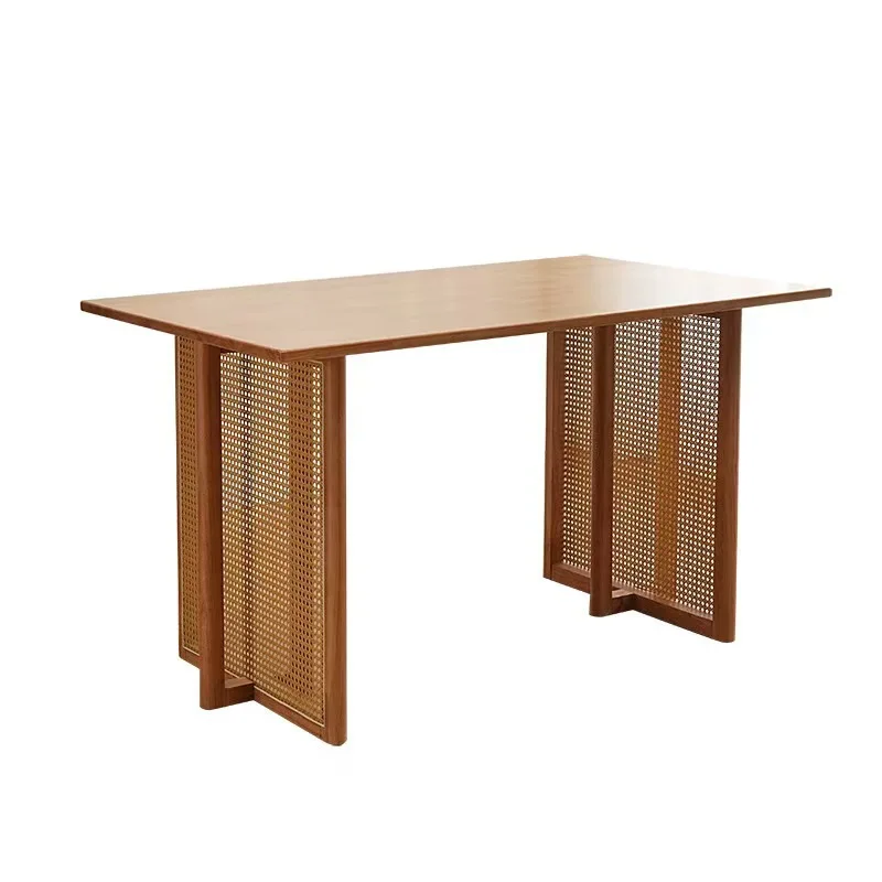 

solid wood rattan dining table high-end club tea house rectangular table homestay retro rattan combination table and chairs