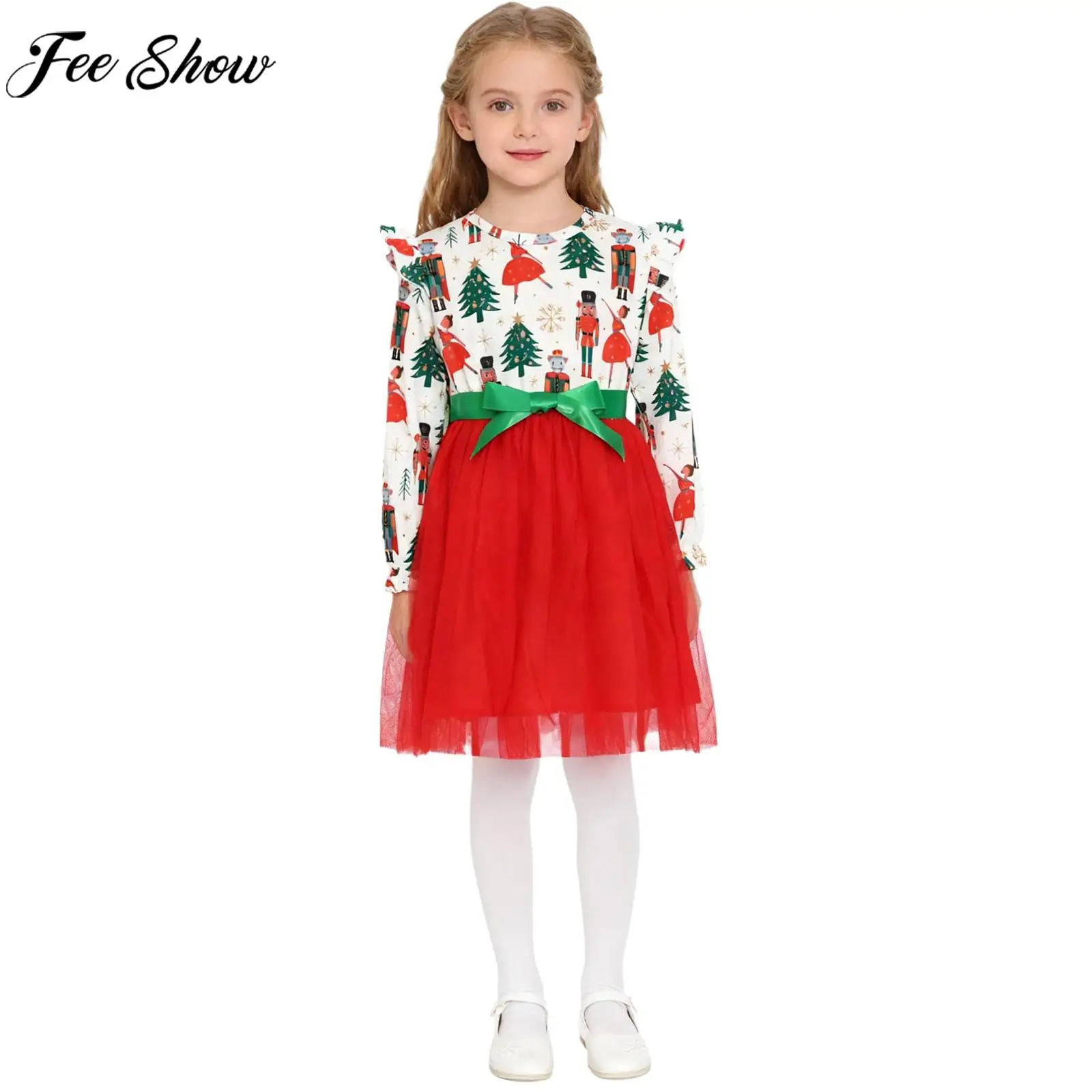 Kids Girls Long Sleeve Print Multi-Layered Tulle Christmas Tutu Princess Dress with Ribbon Belt Xmas New Year Party Costume