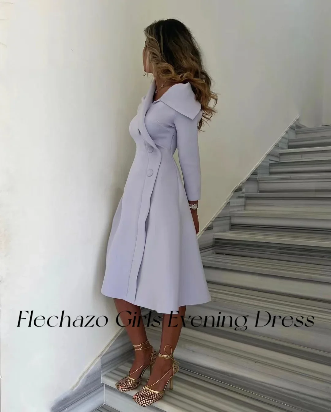 Flechazo Light Purple Evening Dresses V Neck Knee-Length A Line Button Formal Occasion Party Dress For Women 2024 robe de soirée
