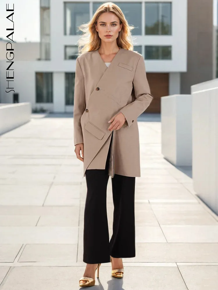 

SHENGPALAE Fashion Women Blazer V-neck Diagonal Placket Single Breasted Asymmetric Side Split Suit Jackets Autumn 2024 New DB247