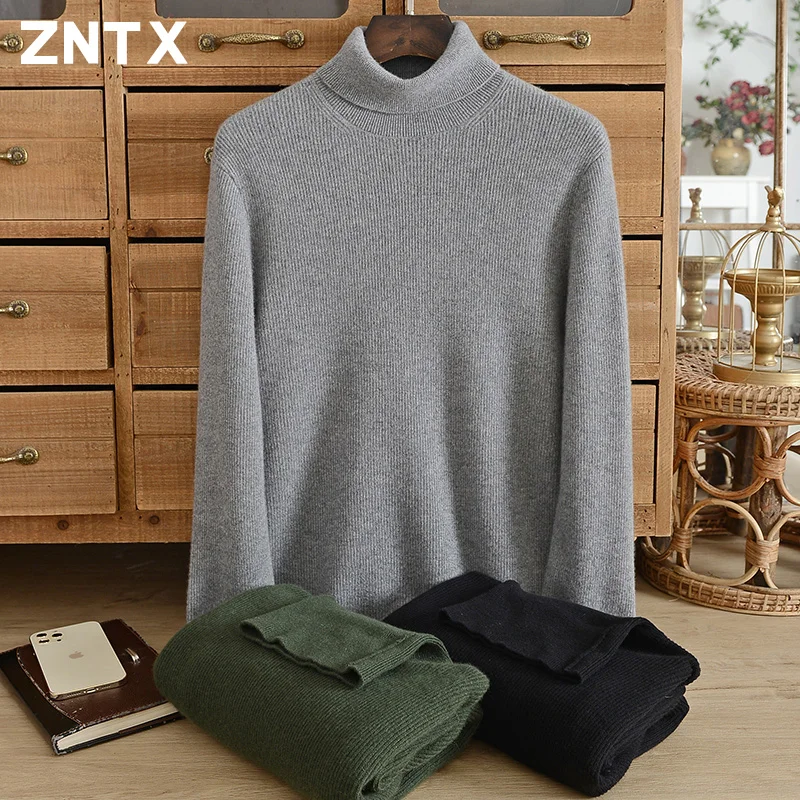 

ZNTX Men's 100% pure cashmere sweater winter thickened warm lapel solid color knitted sweater with Korean style youth vitality