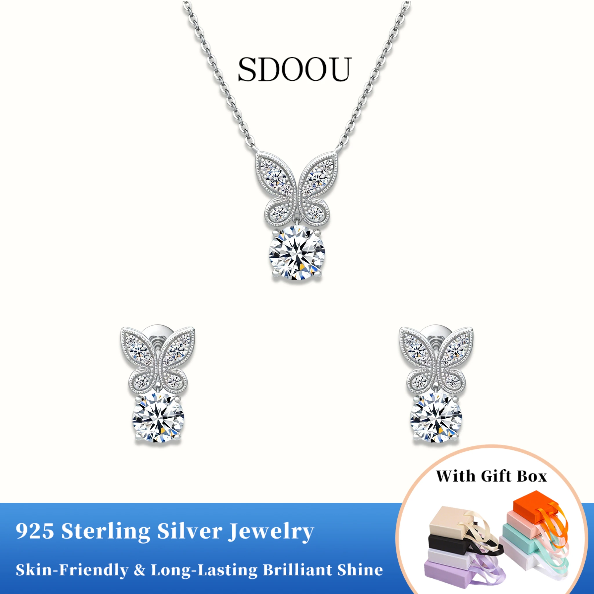 

SDOOU Diamond Test Pass 1CT Butterfly Moissanite Stud Earrings 925 Silver Necklace Women's Jewelry Set Gift Beautiful Trend 2026