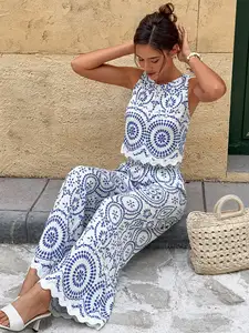 Women's Blue & White Allover Print Sleeveless Top and Wide Leg Pants Set, Summer Casual Boho Outfit