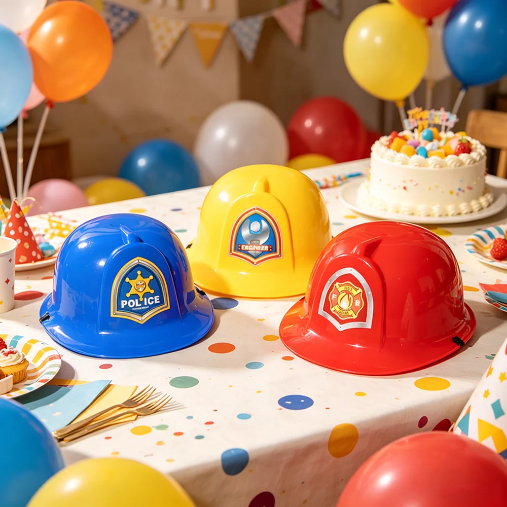 Chapéu de Bombeiro Infantil, Capacete de Plástico para Cosplay de Halloween, Acessórios de Atuação para Meninos, Festa de Fantasia, Bonés de Polícia e Engenheiro