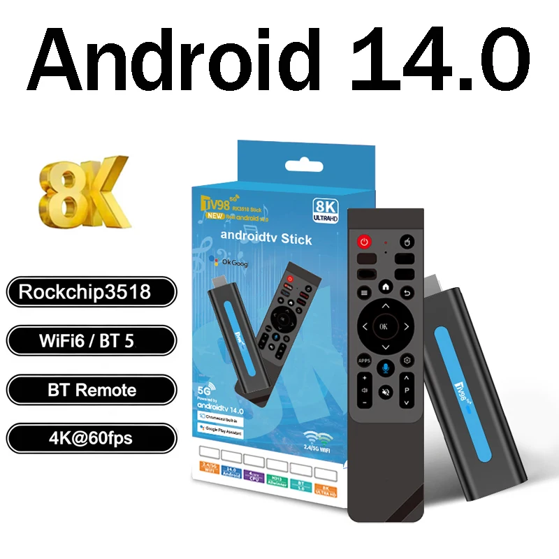 TV-Stick TV98 ATV RK3518 HD 8K 4K Tragbares Streaming-Media-Gerät mit WiFi6 4G 5G Dual-Band BT5.0 Smart-TV Sprachsteuerung Google TV