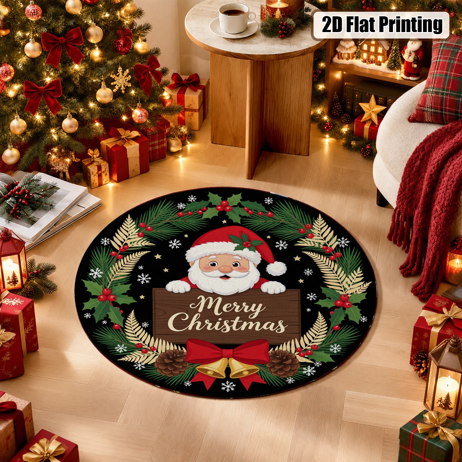 Round Santa Wreath Pattern Velvet Mat Machine Washable For Entryway Living Room Kitchen Balcony Halloween Thanksgiving Black Friday Cyber Monday Christmas New Year Decor