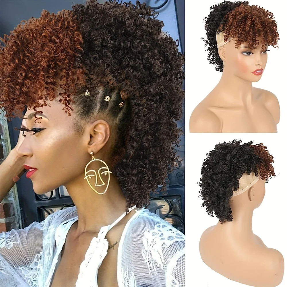 Chic Afro Curly Mohawk Wig with Brown Bangs - Transformative Clip-In Ponytails for Women - High Puff Afro Bun Style - Lustrous S