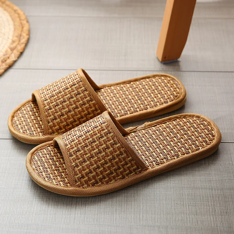 Fashion Cool Breathable Slippers for Men and Women Rattan Grass Household Woven Sandals Indoor Silent Bamboo Shoes Shower