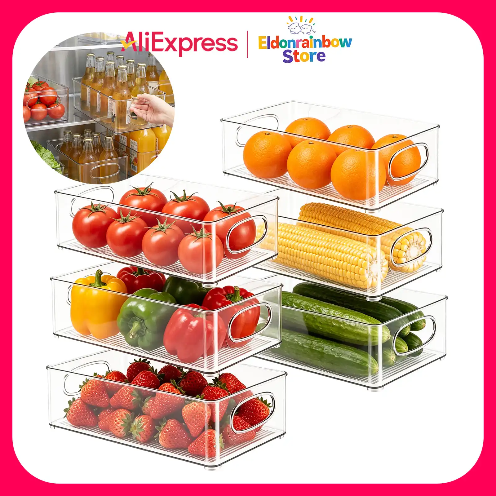 Lot de 6 boîtes de rangement pour réfrigérateur, transparentes en PET, empilables, avec poignée, multi-tailles, pour organiser la cuisine et le garde-manger