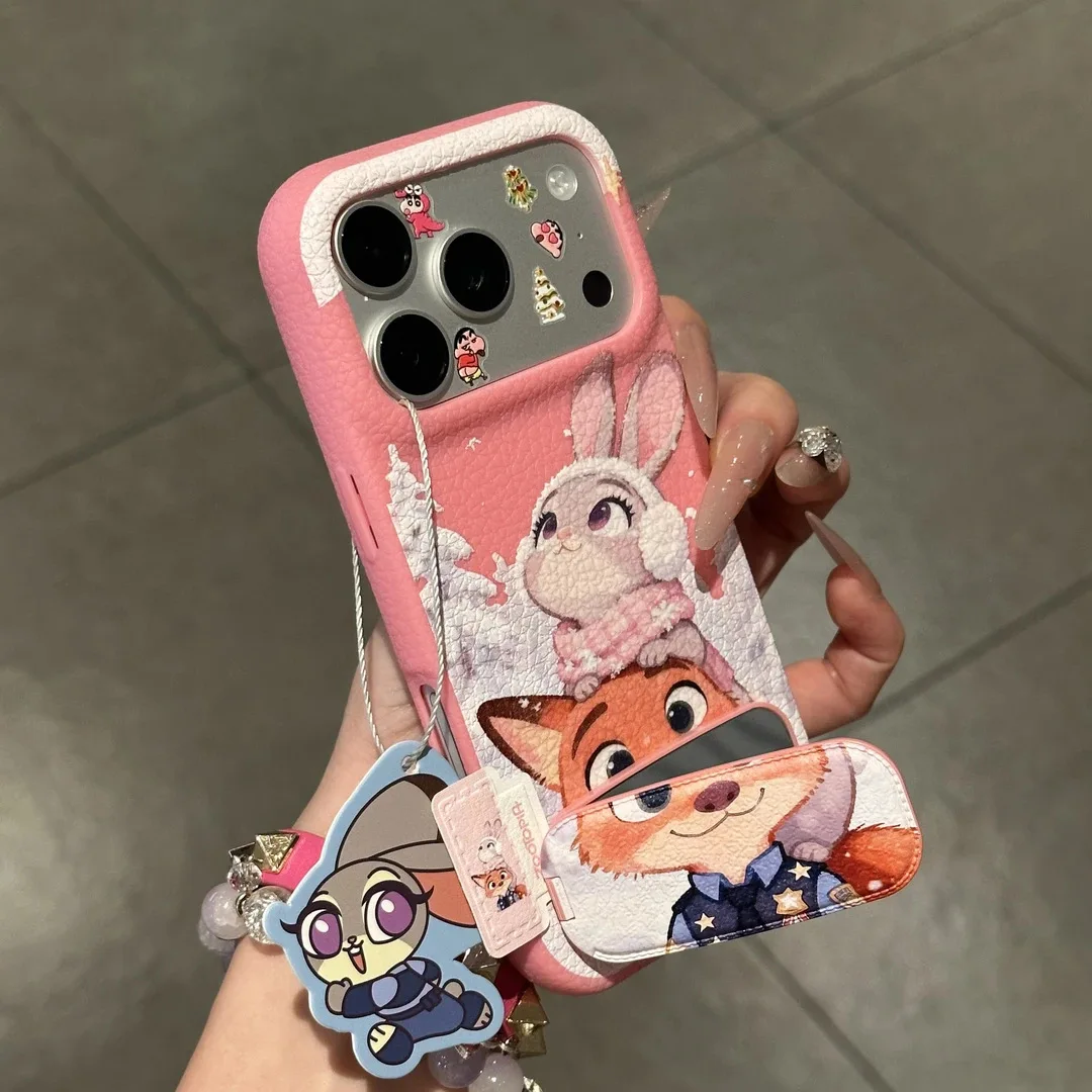 Kawaii جديد ل Zootopia 2 جراب هاتف آيفون 17 17 برو 17 برو ماكس زوجين حافظة هاتف مقاومة للصدمات مع حامل ومرآة عيد الميلاد #2