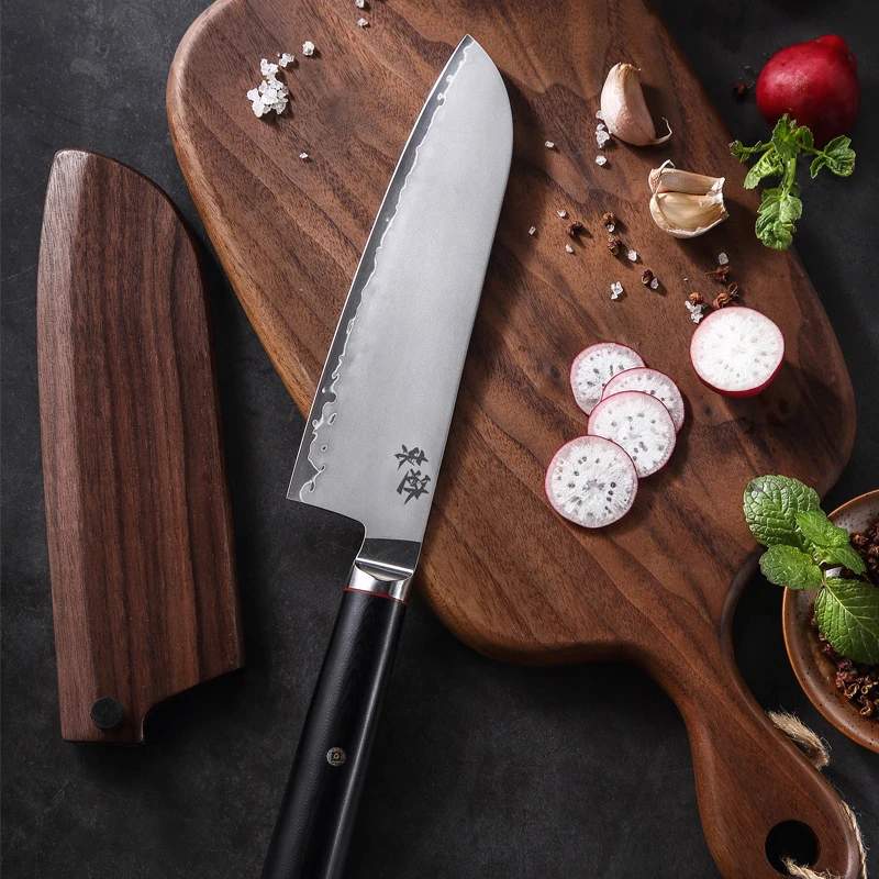 7 Inch Japanese Santoku Knife 3 Layers Clad Steel Blade Sharp Chefs Cleaver Slicing Kitchen Knives Handmade Forged Cooking Tools