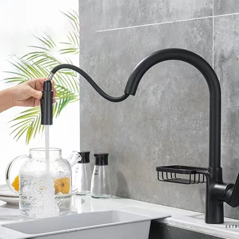 Kitchen Faucets Pull-out Washbasin Hot & Cold Water Mixing Sink Faucet with Water Purification Function Taps with Storage Basket