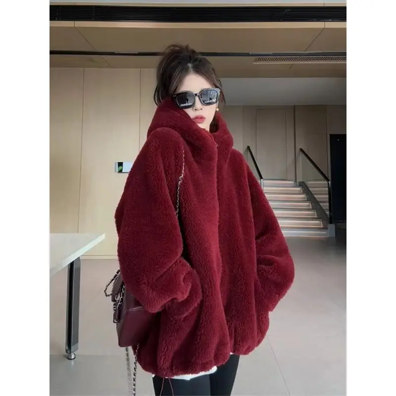 

Модная цельная куртка из ангорского красного ягненка, высококачественная цельная куртка из бархатного меха со свободными частицами, короткое пальто с капюшоном, женская одежда