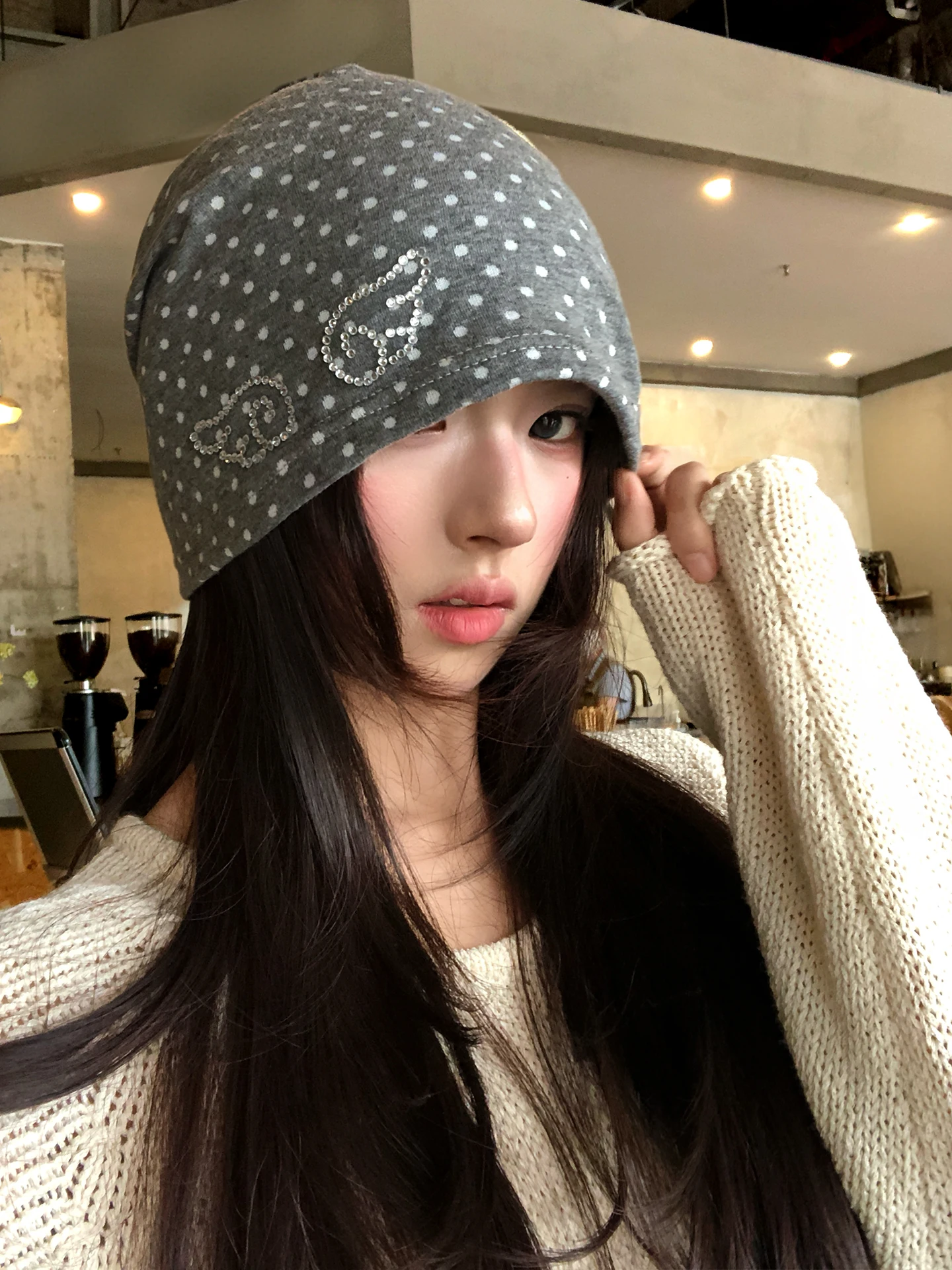 Korean Style Polka Dot Little Wings Rhinestone Pile Hat Women 2026 New Sweet Cool Versatile Cold Cap Lazy Style Wrapped Head Hat