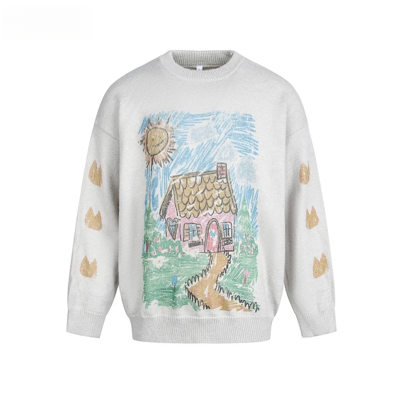 

Graffiti Print Sweater Mens Autumn Winter Retro Casual Loose Long Sleeve Crew Neck Knitted Pullover Man