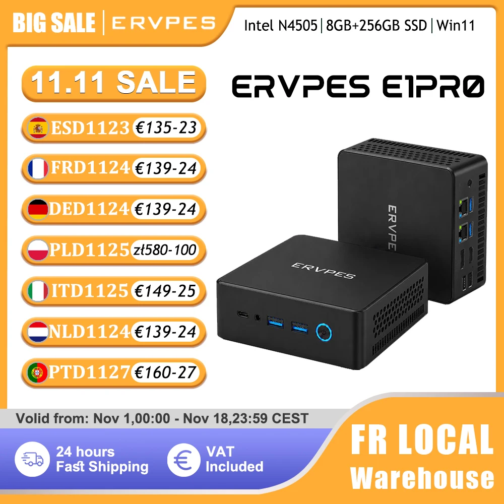 Mini PC ERVPES E1PRO 8 Go LPDDR4 256 Go SSD Intel N4505 Windows 11 Pro Wifi double bande BT5.0 Ordinateur de bureau mini