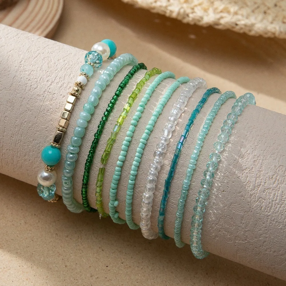 10Pcs/Set Colorful Bohemian Beads Bracelets Stackable Pearl Beaded Multilayer Bracelets Shiny Hand Jewelry Bangle Set Women