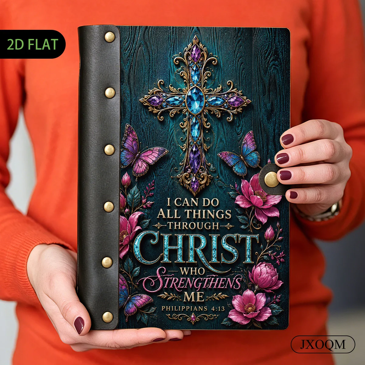 1PC Cross Butterfly Faith Scripture Wooden Hardcover Loose Leaf Notebook, 2D Flat Vintage Style, 6-Hole Metal Ring Binder