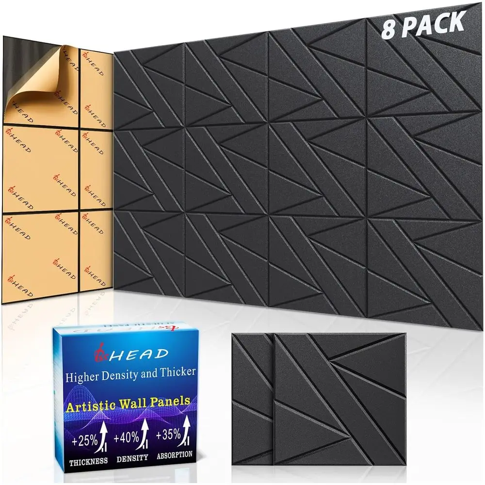 8 Pack Self-Adhesive 12x12x0.47in Acoustic Foam Panels, High Density 1.2lb/t³, Thicker Studio Black Wall Panels