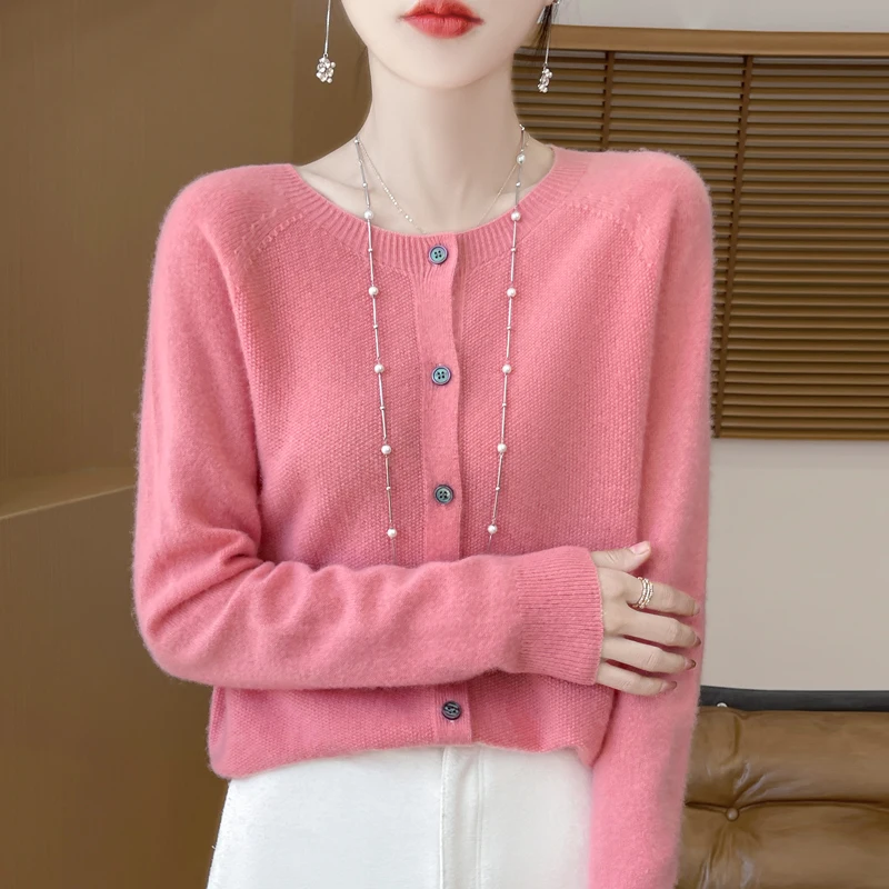 100% cardigan de cuello redondo de lana australiana chaqueta térmica de punto sólido para mujeres suéter sin costura de manga larga casual relajado en otoño e invierno