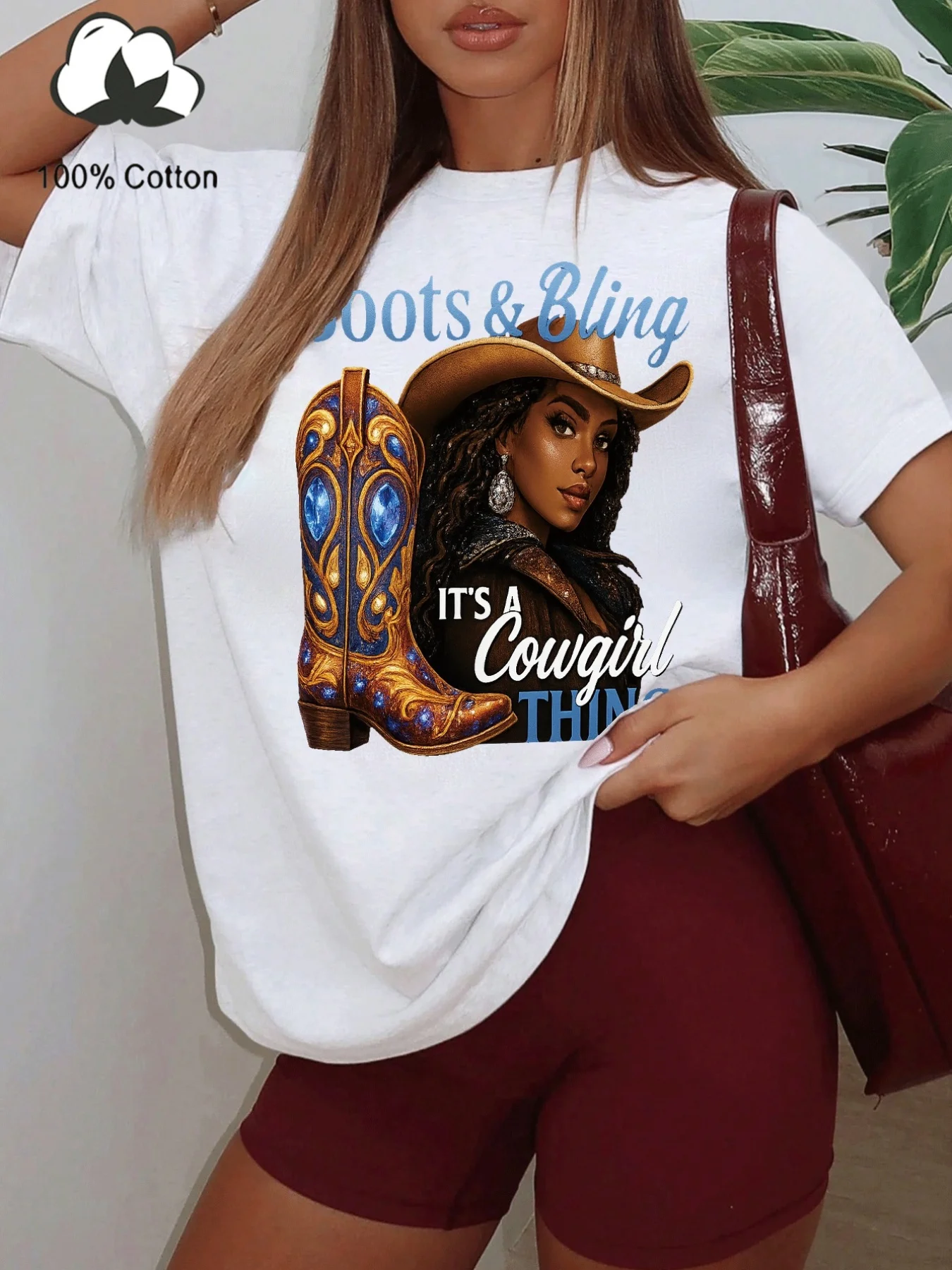 Botas de vaquera occidental con estampado ostentoso, 100% algodón, pantalón corto informal para mujer, Top de manga, vestido cómodo para hermanas Necessa