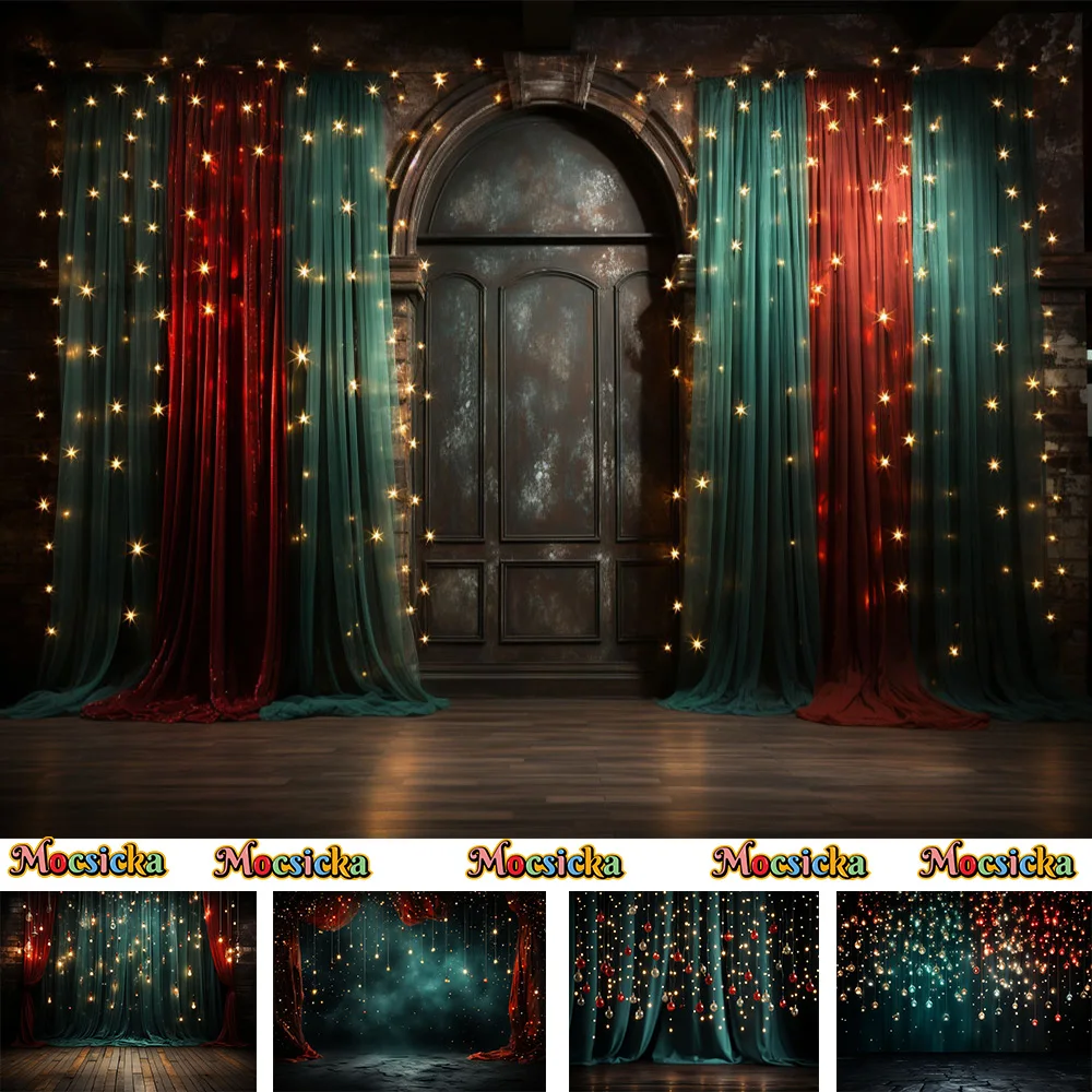 크리스마스 파티 배경 레드 그린 커튼 벽지 배너, 크리스마스 볼 장식 배경 소품, 가족 스튜디오 초상화 사진