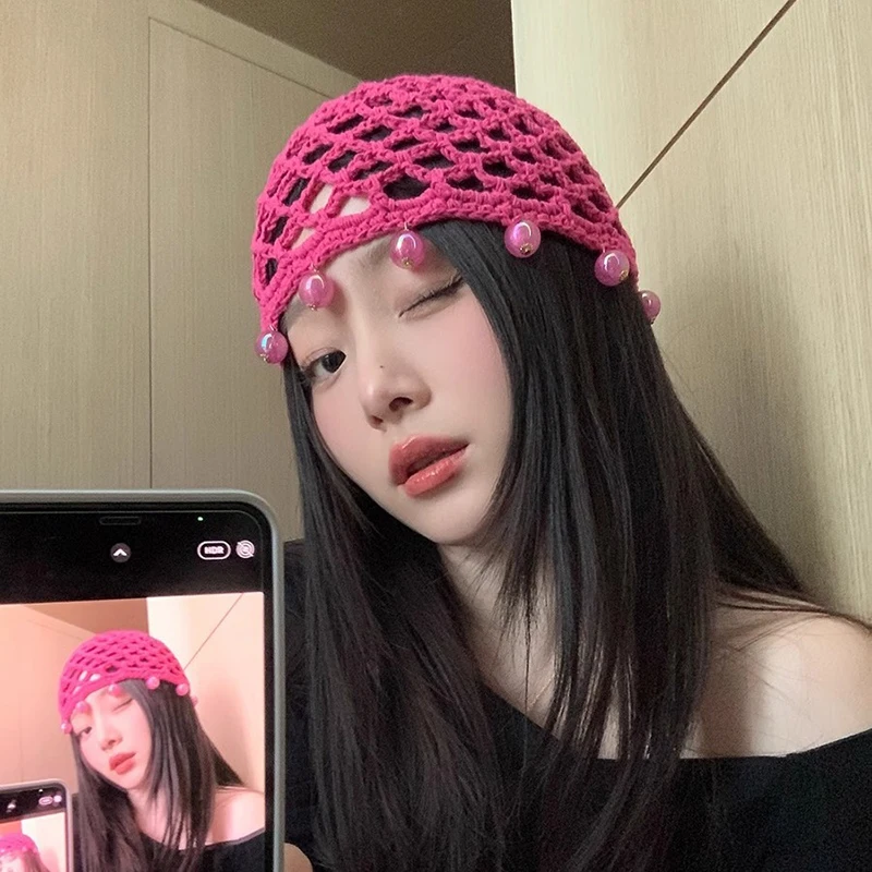 

Round Beads Crochet Hollow Tassels Knitted Hat Hollow Out Bohemian Style Knit Hand-woven Beanies Cap WomenTravel Photo Style Hat