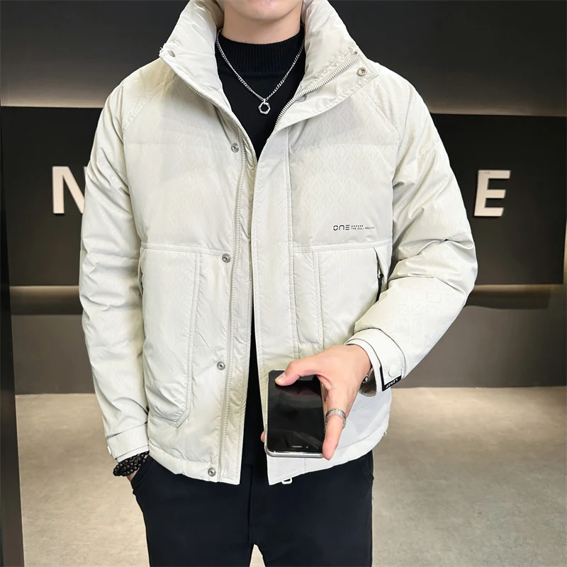 Men Winter Short Down Jacket 2024 New Trendy Zipper Pocket Windproof Warm White Duck Down Coat Male Casual Loose Windproof Parka