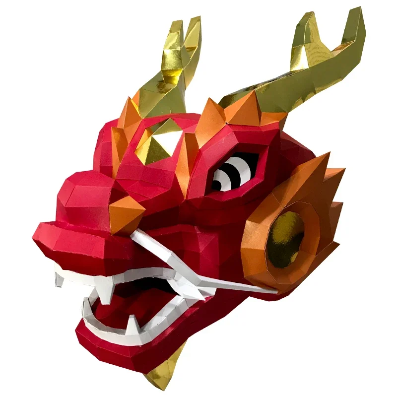 3D Paper Mold Chinese Dragon Head Mask Headgear Model New Year Halloween Cos Props Women Men Party Dress Up DIY Craft Masks
