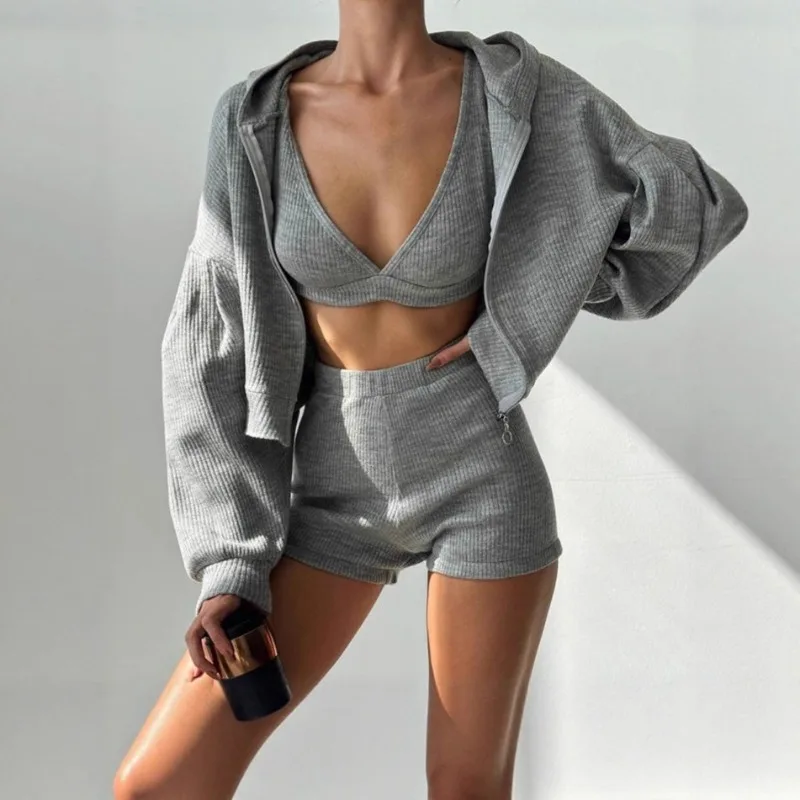 

2025 Spicy Girl Sports and Leisure Zipper Hoodie Set for Women's Autumn Comfortable Short Top Three Piece Set