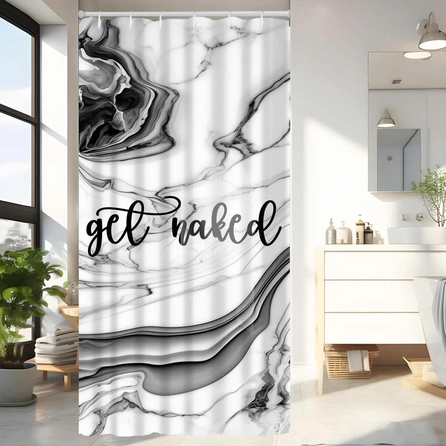 

Marble Pattern Get Naked Shower Curtain Black White Stone Texture Elegant Bathroom Decor Waterproof Curtain