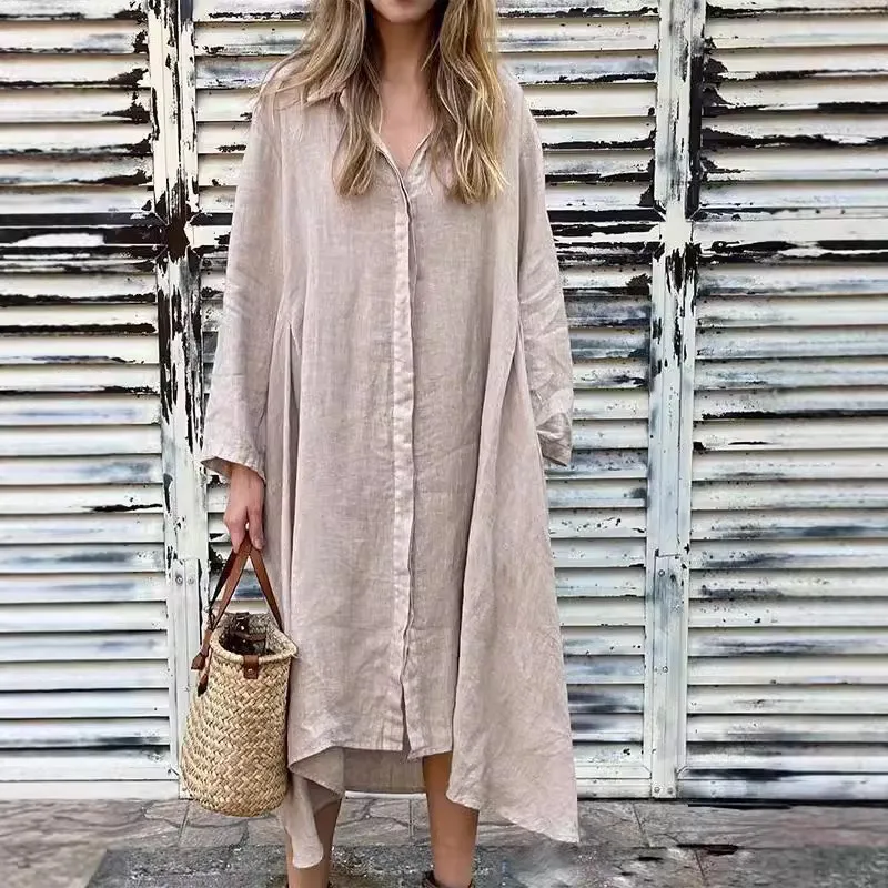Women Summer Casual Maxi Dress Cotton and Linen Long Sleeve Loose Button Dress 2026 Fashion Oversized Irregular Bohemia Vestidos