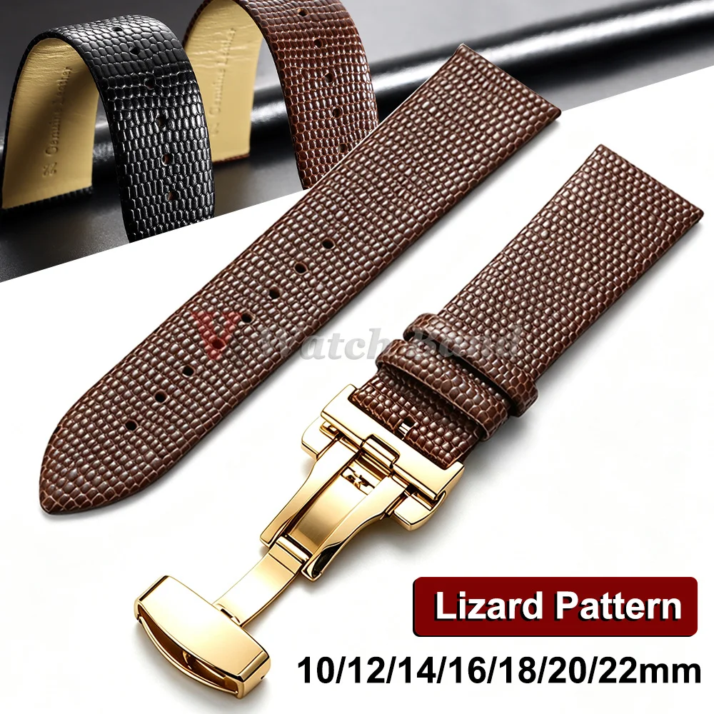 Lizard Pattern Thin Straps 10mm 12mm 14mm 16mm 18mm 20mm 22mm Butterfly Buckle Leather Watch Band Waterproof Calfskin Bracelet