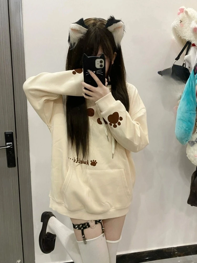 

QWEEK Japanese Harajuku Kawaii Cute Hoodie Y2k Aesthetic 2024 Autumn Sweet Girls Soft Cartoon Print Sweatshirt Pockets Grunge