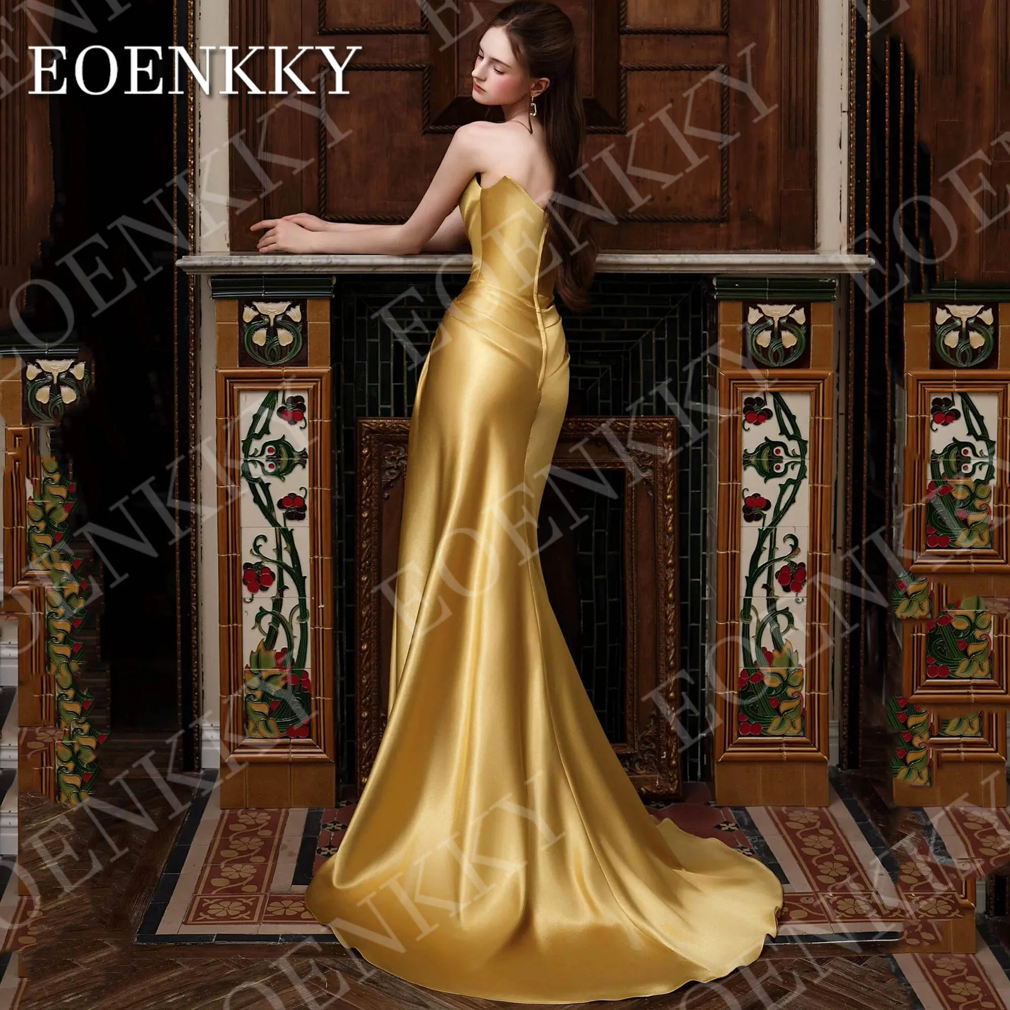 EOENKKY Sirena Abiti da sera eleganti Abiti da ballo sexy senza spalline Abito da festa in raso dorato personalizzato Donna Sirena elegante abiti da sera sexy senza spalline abiti da ballo personalizzati raso oro festa