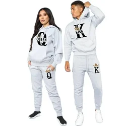 2024 new autumn and winter men and women hooded hoodie set KING QUEEN loose hooded printed couple suit sportswear